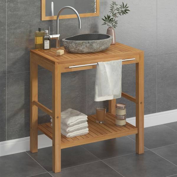 Waschtischunterschrank Teak Massiv mit Flussstein Waschbecken