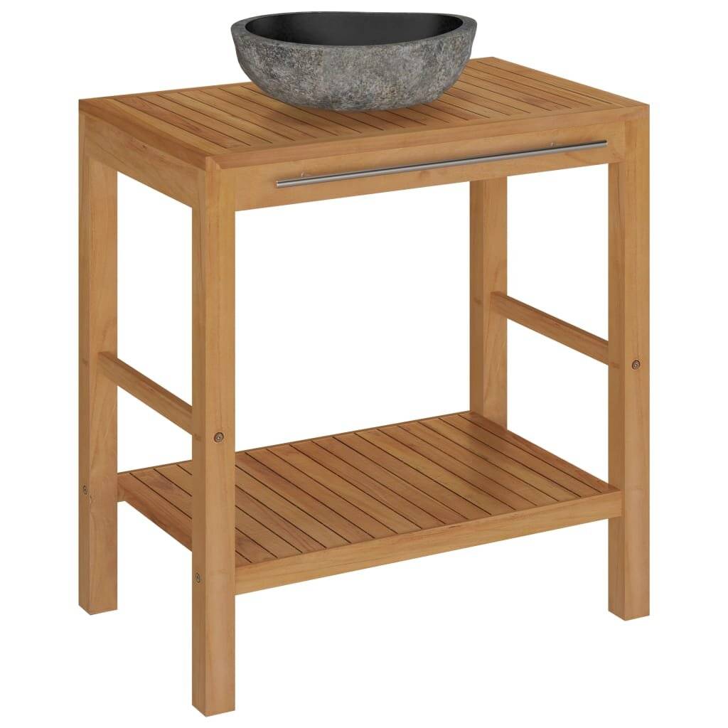 Waschtischunterschrank Teak Massiv mit Flussstein Waschbecken-1
