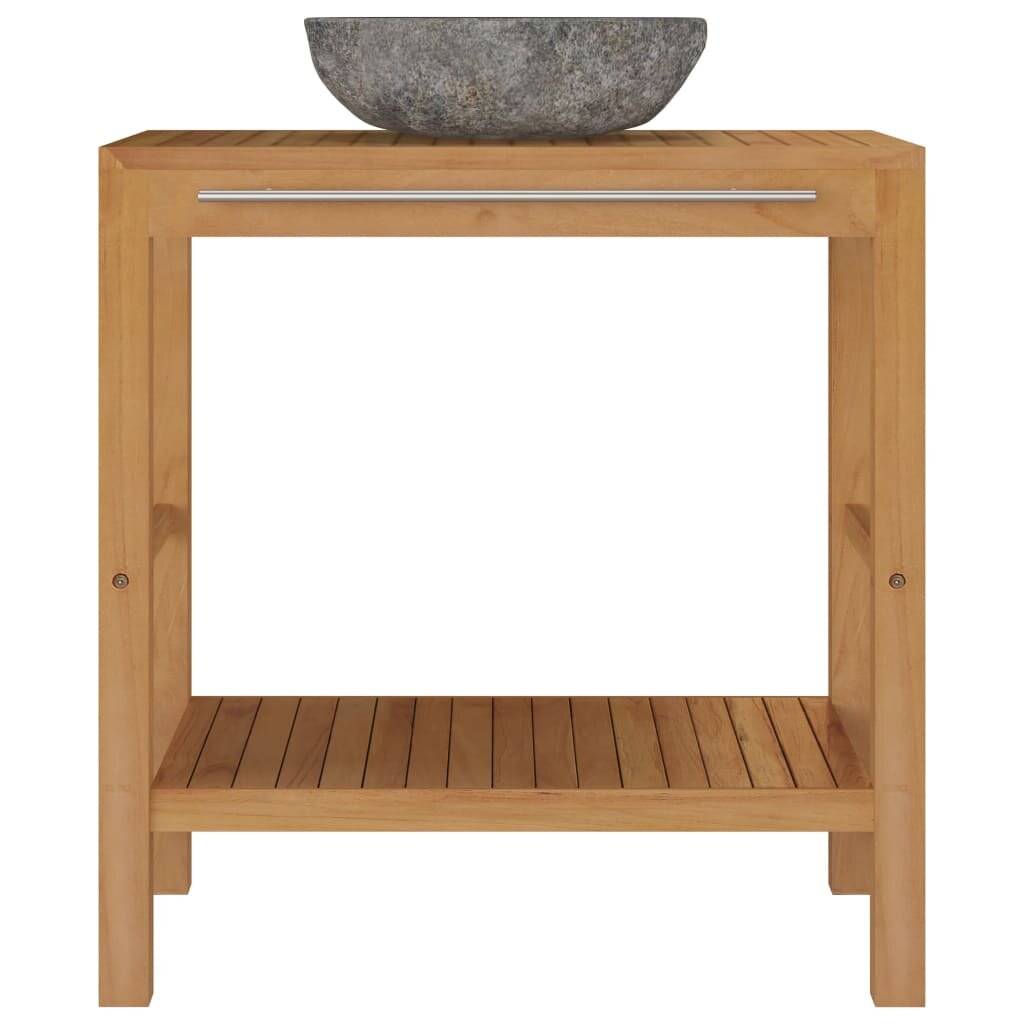 Waschtischunterschrank Teak Massiv mit Flussstein Waschbecken-2
