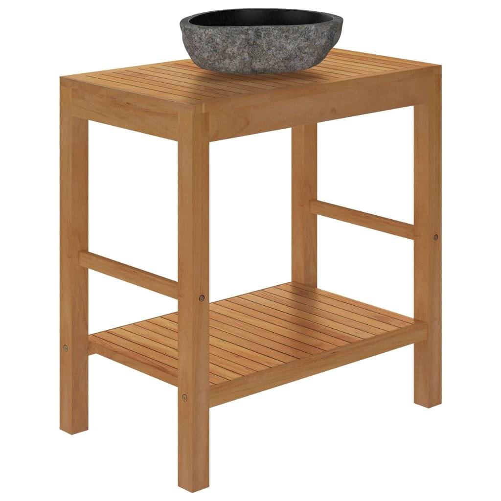 Waschtischunterschrank Teak Massiv mit Flussstein Waschbecken-4