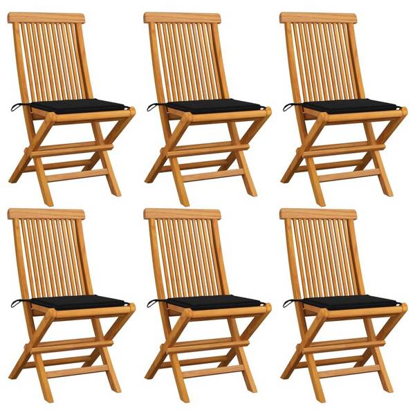 Gartenstühle mit Schwarzen Kissen 6 Stk. Massivholz Teak