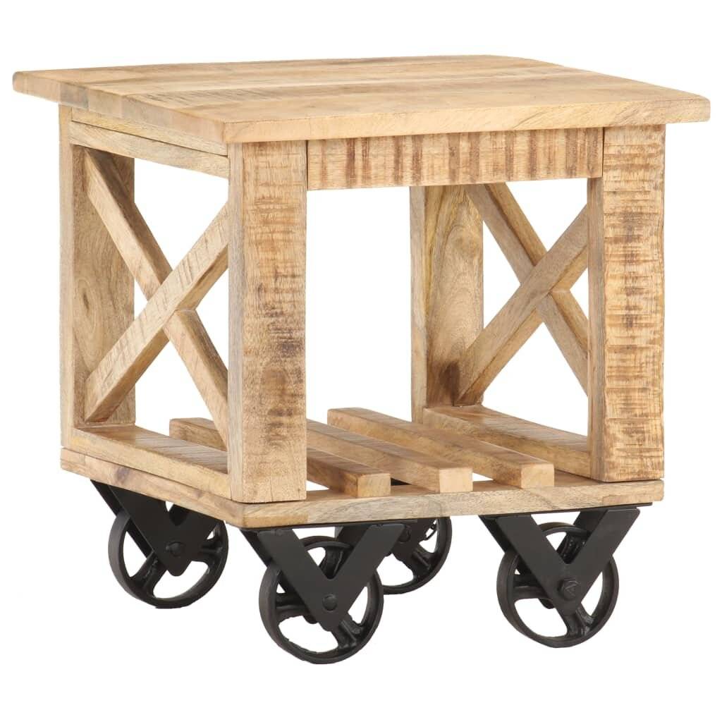 Beistelltisch mit Rädern 40x40x42 cm Raues Mangoholz-6