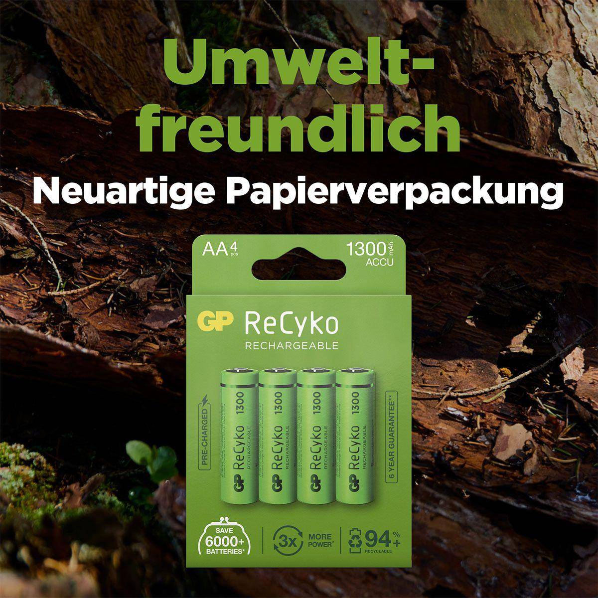 GP BATTERY - GP Batteries ReCyko+ 1300mAh 4Stk., Wiederaufladbarer Akku, AA, Nickel-Metallhydrid (NiMH), 1,2 V, 4 Stück(-1