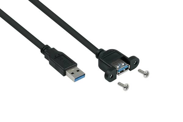 kabelmeister® Einbau-Verlängerungskabel USB 3.0 Stecker A an Einbaubuchse A, Premium, UL, KUPFER, schwarz, 2m