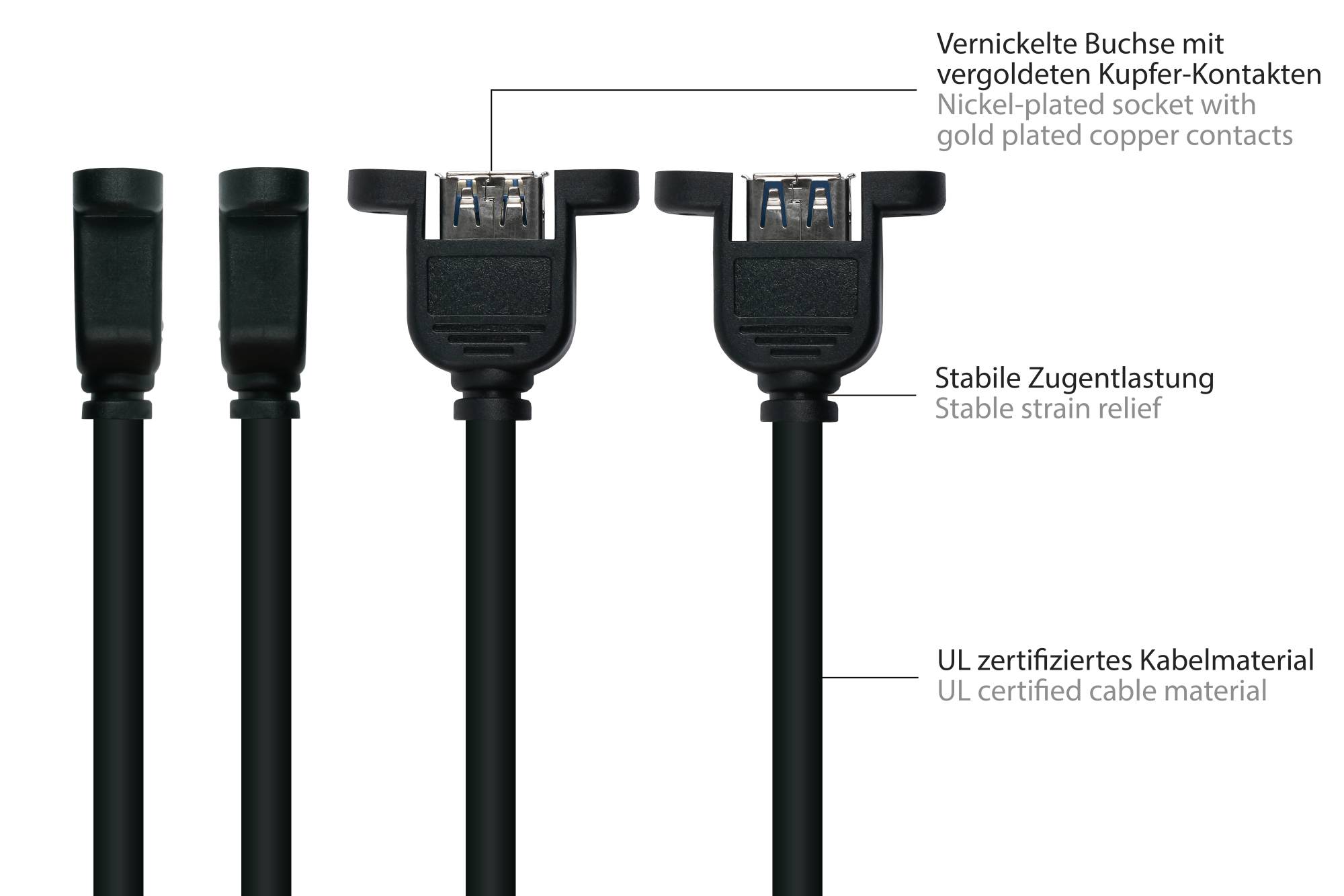 kabelmeister® Einbau-Verlängerungskabel USB 3.0 Stecker A an Einbaubuchse A, Premium, UL, KUPFER, schwarz, 2m-3