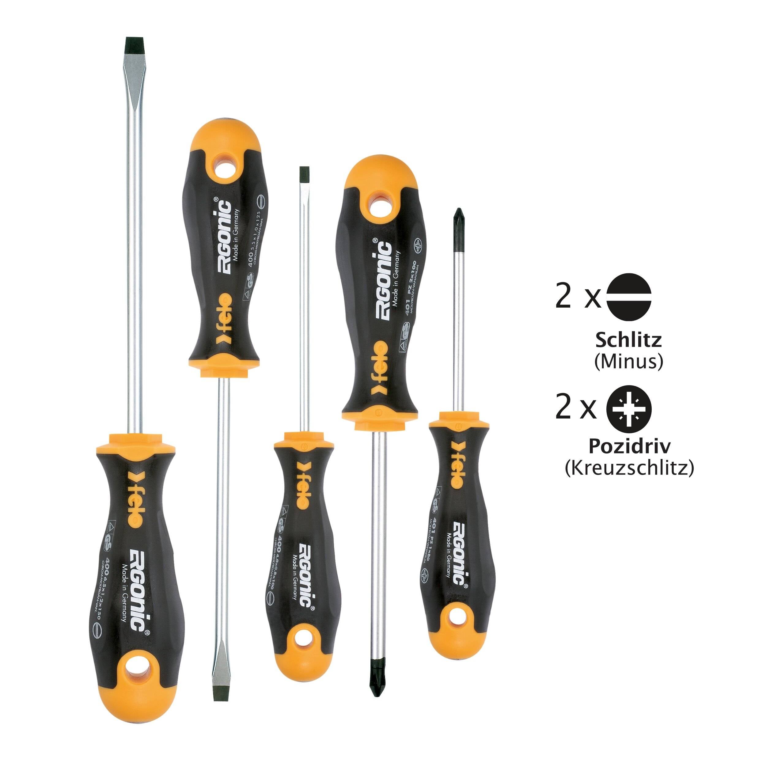 FELO Schraubendreher Satz ERGONIC 400, 5-tlg : 3 x Schlitz - 2 x PZ (PZ 1- PZ 2)