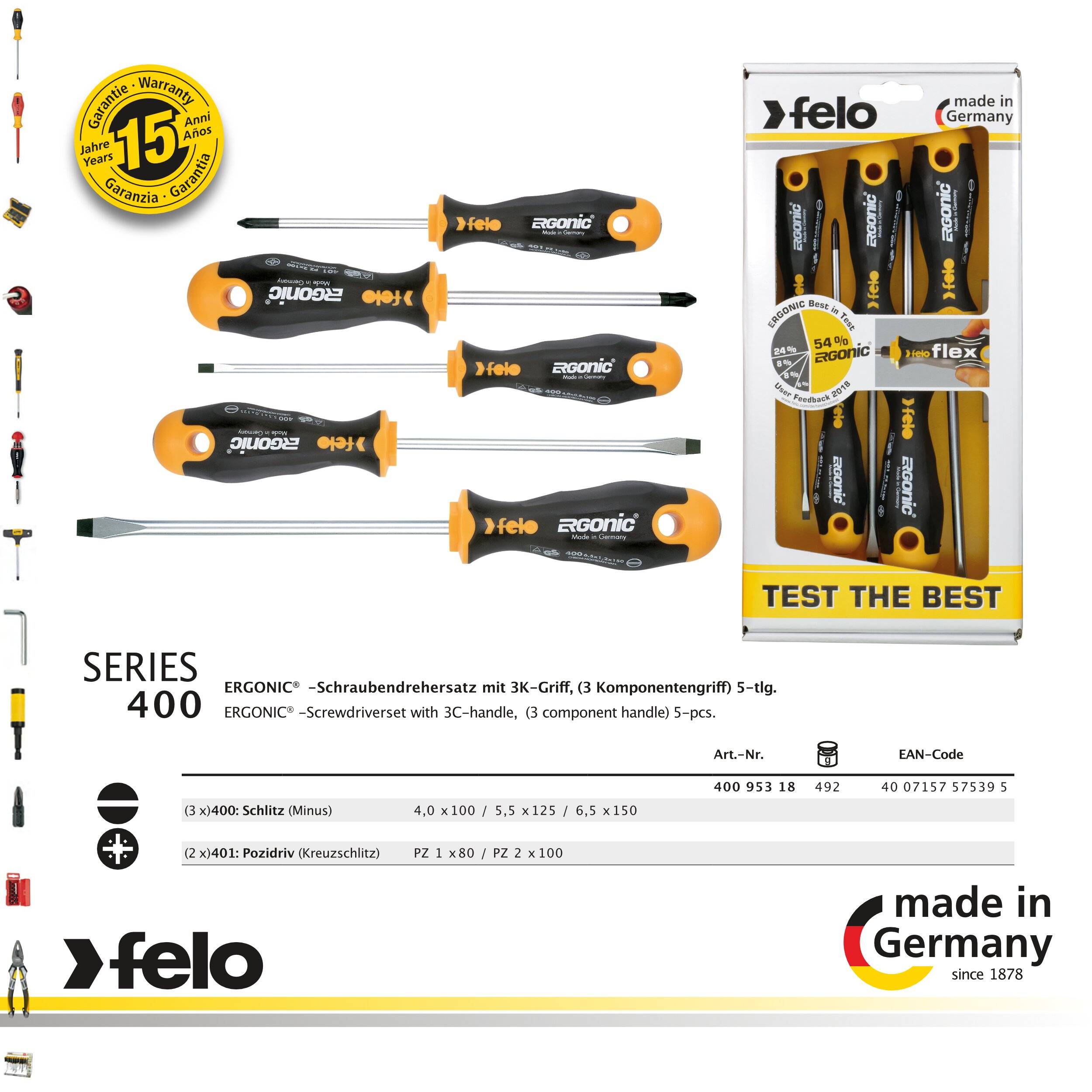 FELO Schraubendreher Satz ERGONIC 400, 5-tlg : 3 x Schlitz - 2 x PZ (PZ 1- PZ 2)-1