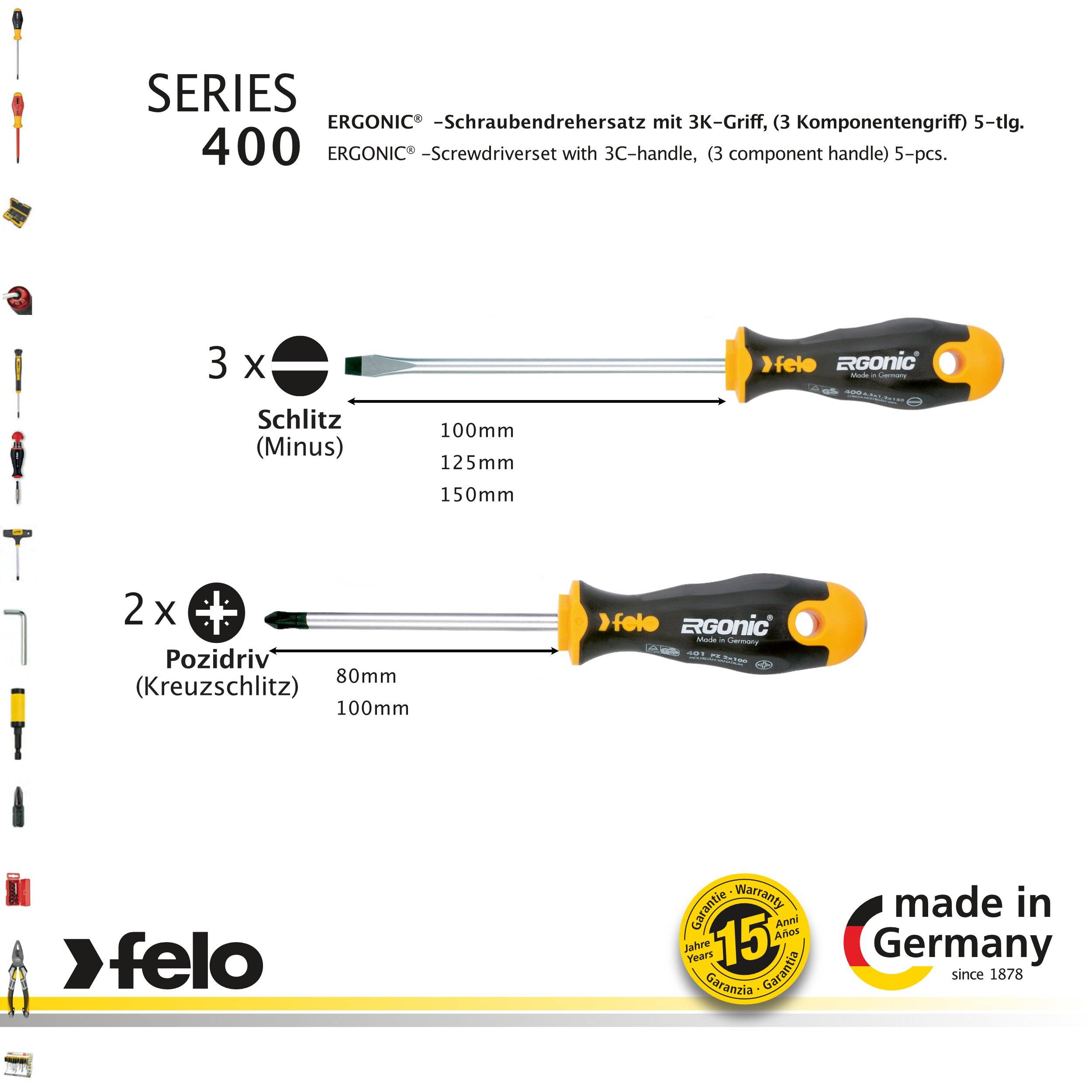 FELO Schraubendreher Satz ERGONIC 400, 5-tlg : 3 x Schlitz - 2 x PZ (PZ 1- PZ 2)-2