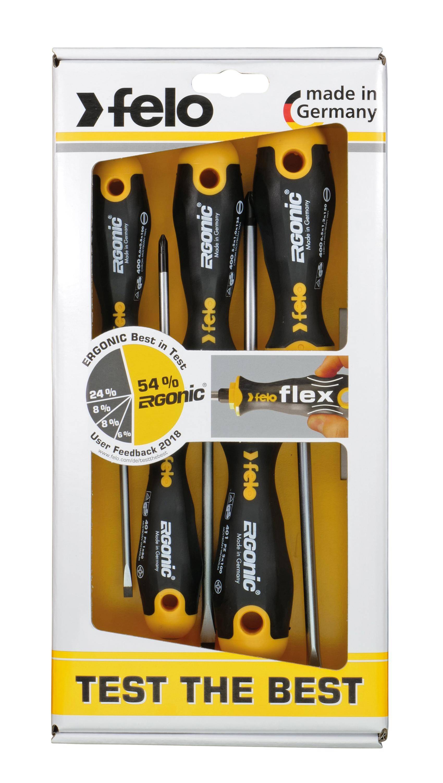 FELO Schraubendreher Satz ERGONIC 400, 5-tlg : 3 x Schlitz - 2 x PZ (PZ 1- PZ 2)-3