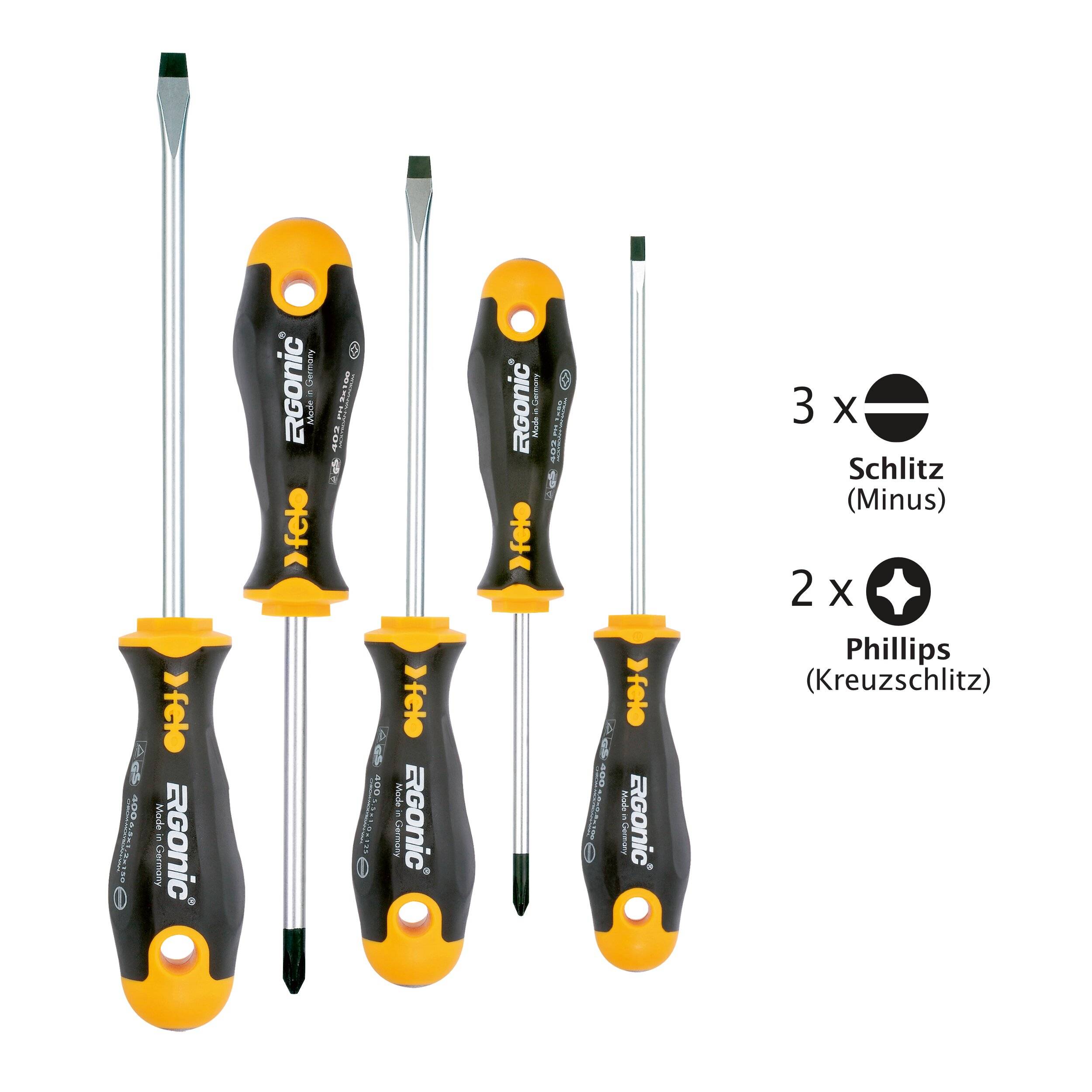 FELO Schraubendreher Satz ERGONIC 400 Series, 5-tlg :3 x Schlitz ; 2 x PH (PH 1 - PH 2)