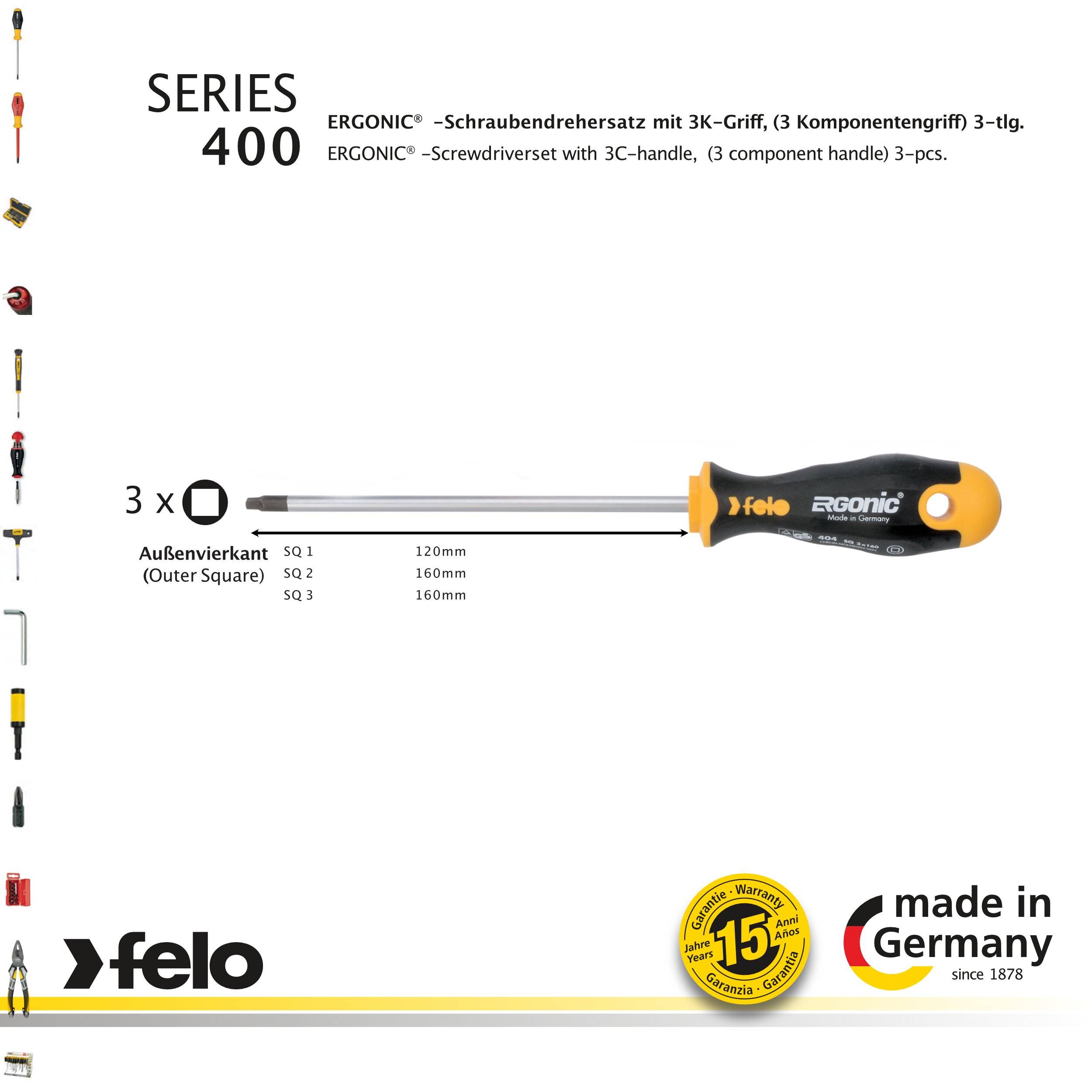 FELO Schraubendreher Satz 400 ERGONIC, 3-tlg SQ - SQ 1 / SQ 2 / SQ 3 - Außenvierkant 3K-Griff
