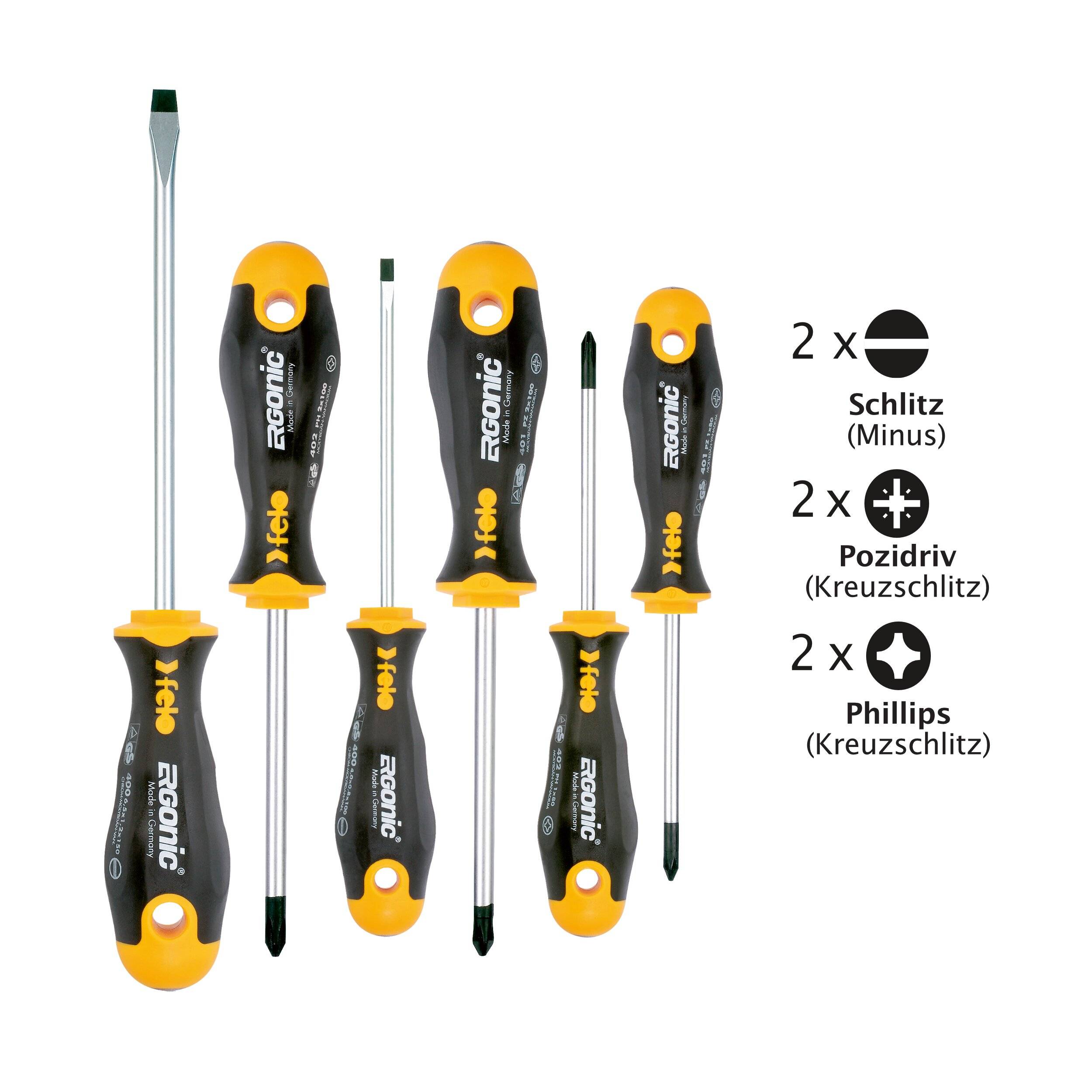 FELO Schraubendreher Satz ERGONIC 400, 6-tlg 2 x Schlitz 2 x PZ (PZ 1/2) 2 x PH (PH 1/ PH 2)