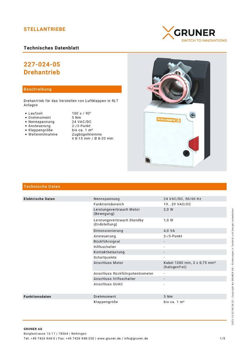 Gruner Stellantrieb Typ 227-024-05 ( 24V - 5 Nm - Ansteuerung 2/3 Punkt)-1