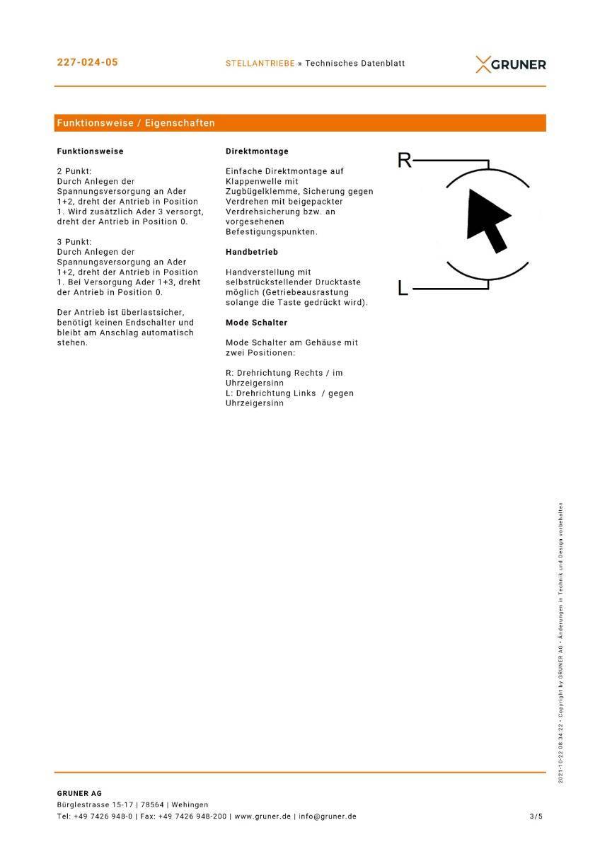 Gruner Stellantrieb Typ 227-024-05 ( 24V - 5 Nm - Ansteuerung 2/3 Punkt)-3