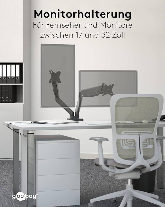 Goobay 58531 Dual Monitorhalterung mit Gasdruckfeder 43 cm (17") - 81 cm (32") Tischklemme Monitorarm schwenkbar 9 kg-5