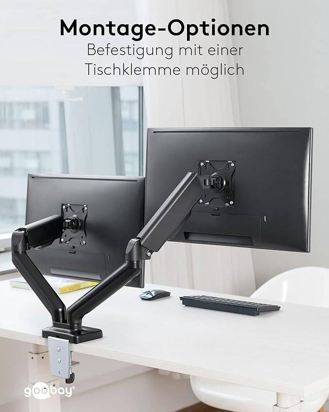 Goobay 58531 Dual Monitorhalterung mit Gasdruckfeder 43 cm (17") - 81 cm (32") Tischklemme Monitorarm schwenkbar 9 kg-6