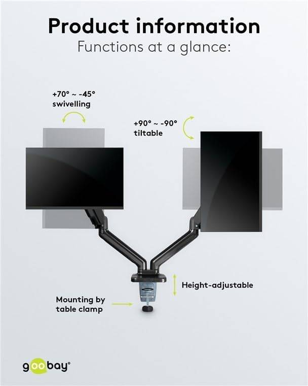 Goobay 58531 Dual Monitorhalterung mit Gasdruckfeder 43 cm (17") - 81 cm (32") Tischklemme Monitorarm schwenkbar 9 kg-3