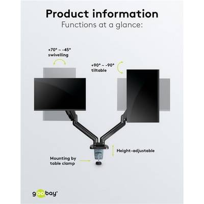 Goobay 58531 Dual Monitorhalterung mit Gasdruckfeder 43 cm (17") - 81 cm (32") Tischklemme Monitorarm schwenkbar 9 kg-3