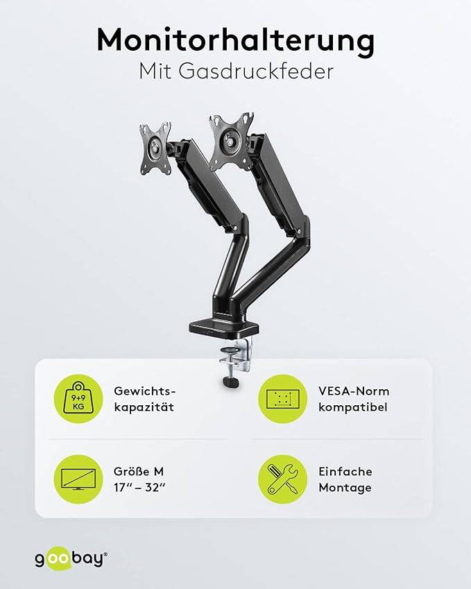 Goobay 58531 Dual Monitorhalterung mit Gasdruckfeder 43 cm (17") - 81 cm (32") Tischklemme Monitorarm schwenkbar 9 kg-4