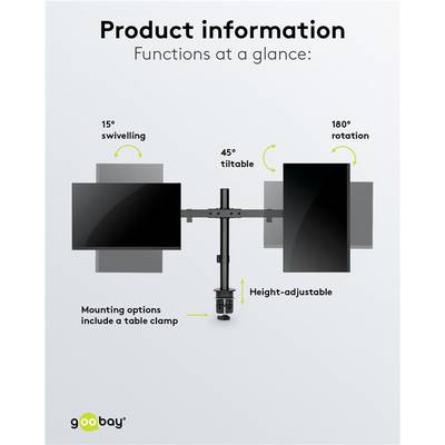 Goobay 59394 Doppel-Monitorhalterung FIX 43 cm (17") - 81 cm (32") Tischklemme Monitorarm feste Stange rotierbar 9 kg-5