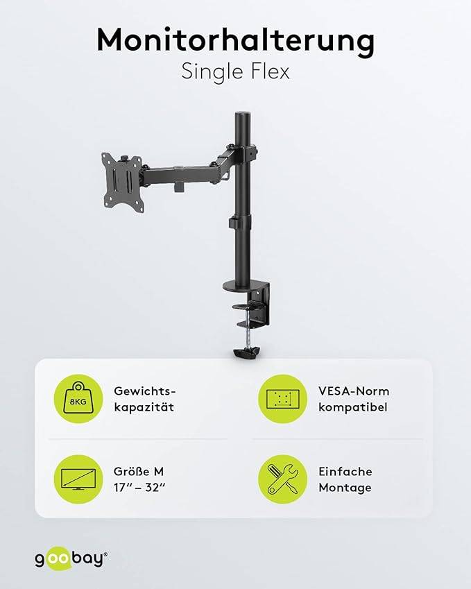 Goobay 58528 Monitorhalterung Single FLEX zur Tischmontage 43 cm (17") - 81 cm (32") Monitorarm rotier- & schwenkbar 8kg-4