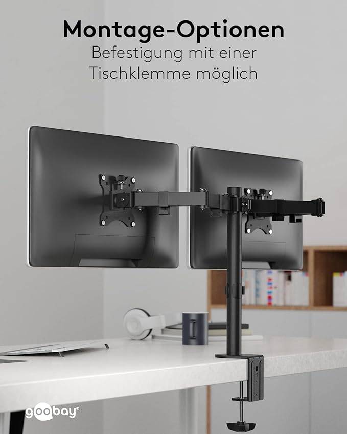 Goobay 58529 Monitorhalterung 2 Monitore 43 cm (17") - 81 cm (32") Tischklemme Monitorarm rotier- & schwenkbar 8 kg-6