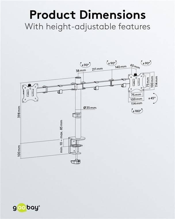 Goobay 58529 Monitorhalterung 2 Monitore 43 cm (17") - 81 cm (32") Tischklemme Monitorarm rotier- & schwenkbar 8 kg-3