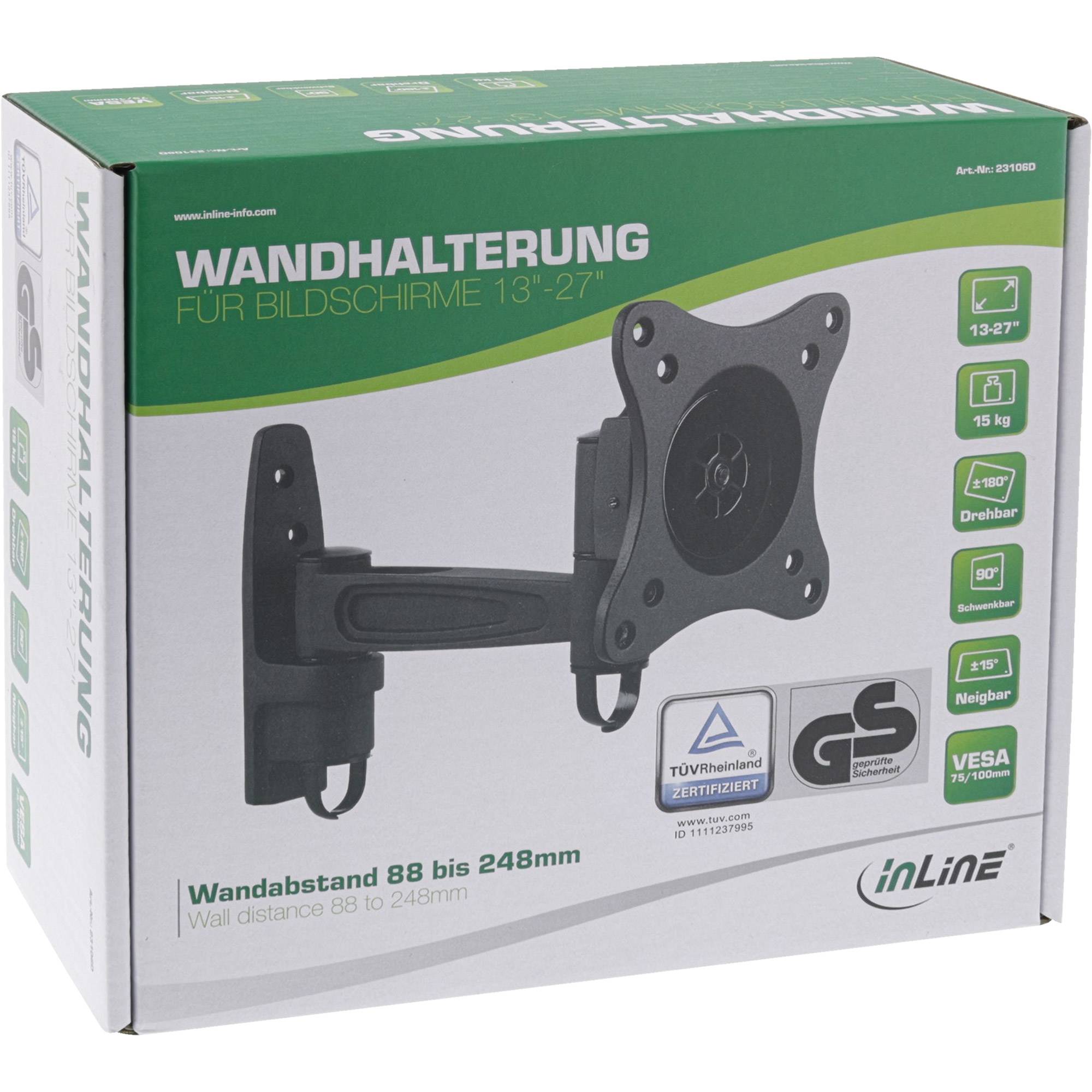 InLine® Wandhalterung, für Monitore bis 69cm (27"), max. 15kg, einteiliger Arm-1