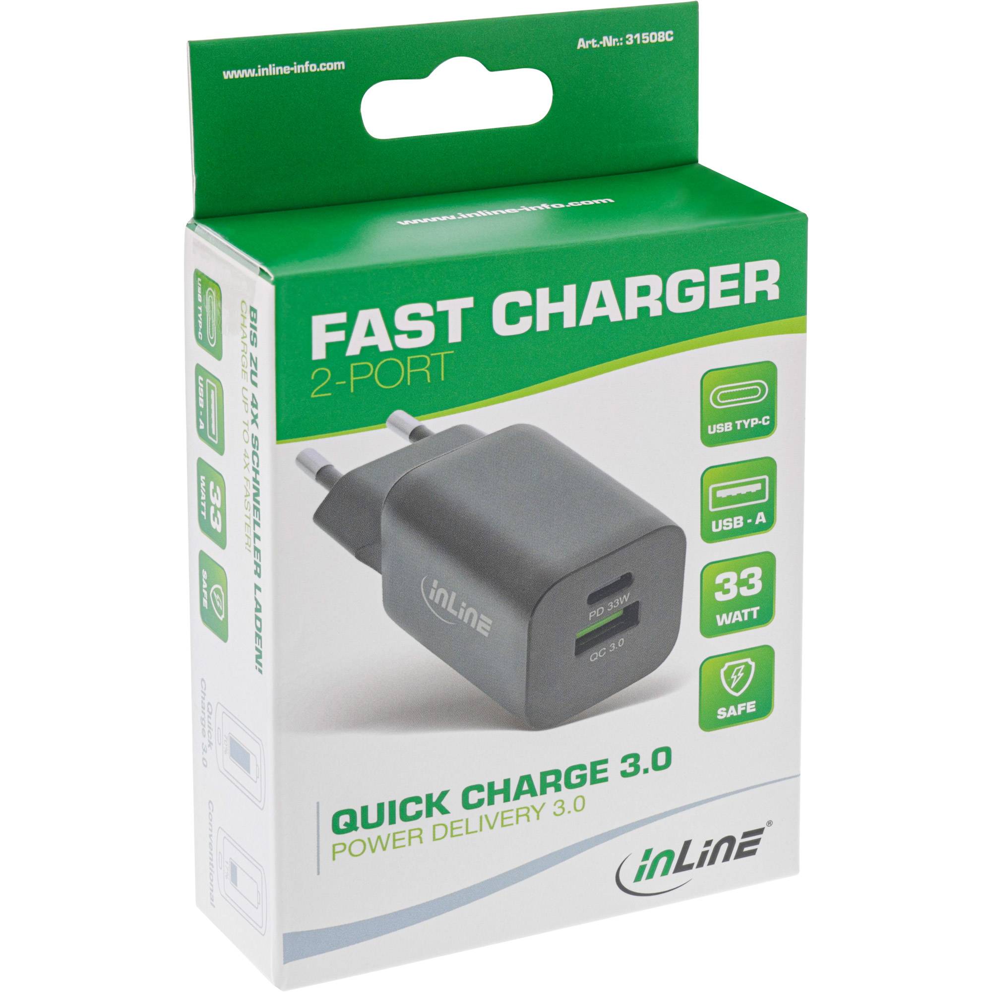 InLine® Power Delivery + Quick Charge USB Netzteil, 33W, USB-A + USB-C, schwarz-1