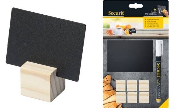 SECURIT Kreidetafelplättchen inkl. Halterung Holz + Kreidestift 6tlg. A8