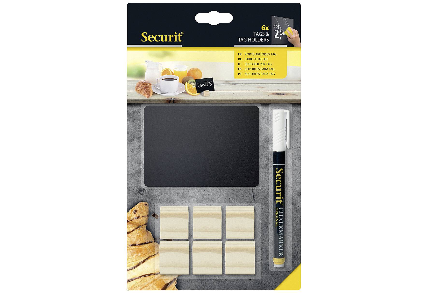 SECURIT Kreidetafelplättchen inkl. Halterung Holz + Kreidestift 6tlg. A8-1
