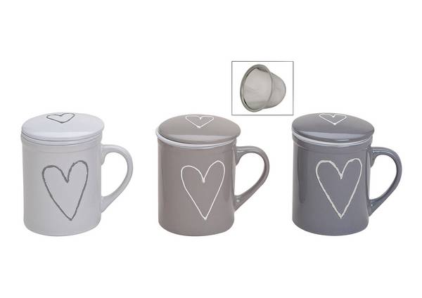 Teebecher Herz mit Deckel und Metallsieb Porzellan sortiert spülmaschinengeeignet 300 ml