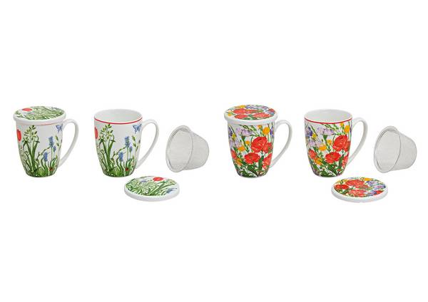 Teebecher Blume mit Deckel und Sieb Porzellan sortiert spülmaschinengeeignet 300 ml