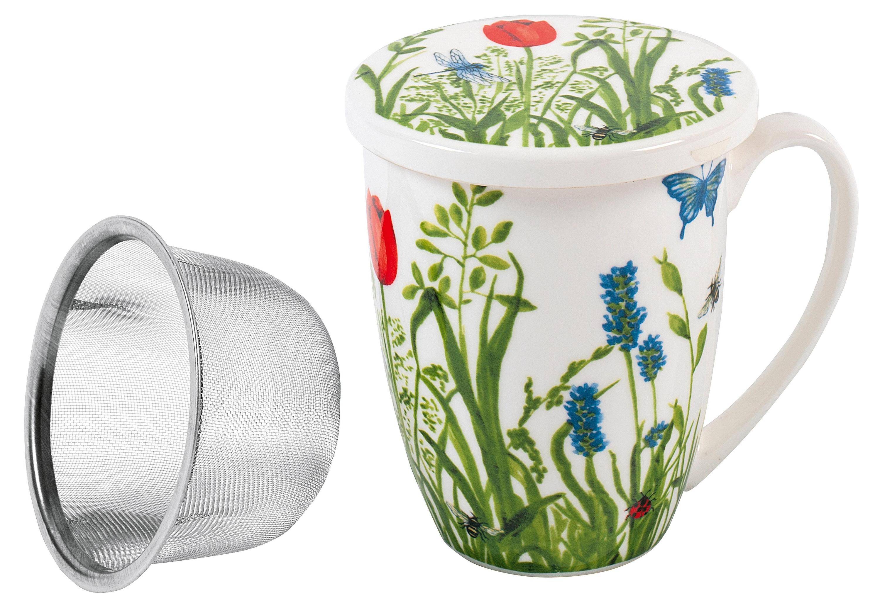 Teebecher Blume mit Deckel und Sieb Porzellan sortiert spülmaschinengeeignet 300 ml-1