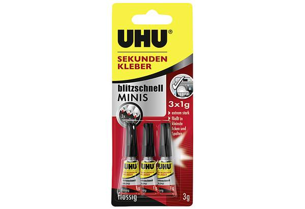 UHU 45440 Sekundenkleber Blitzschnell Flüssig, 3x1g Minis Sekundekleber,