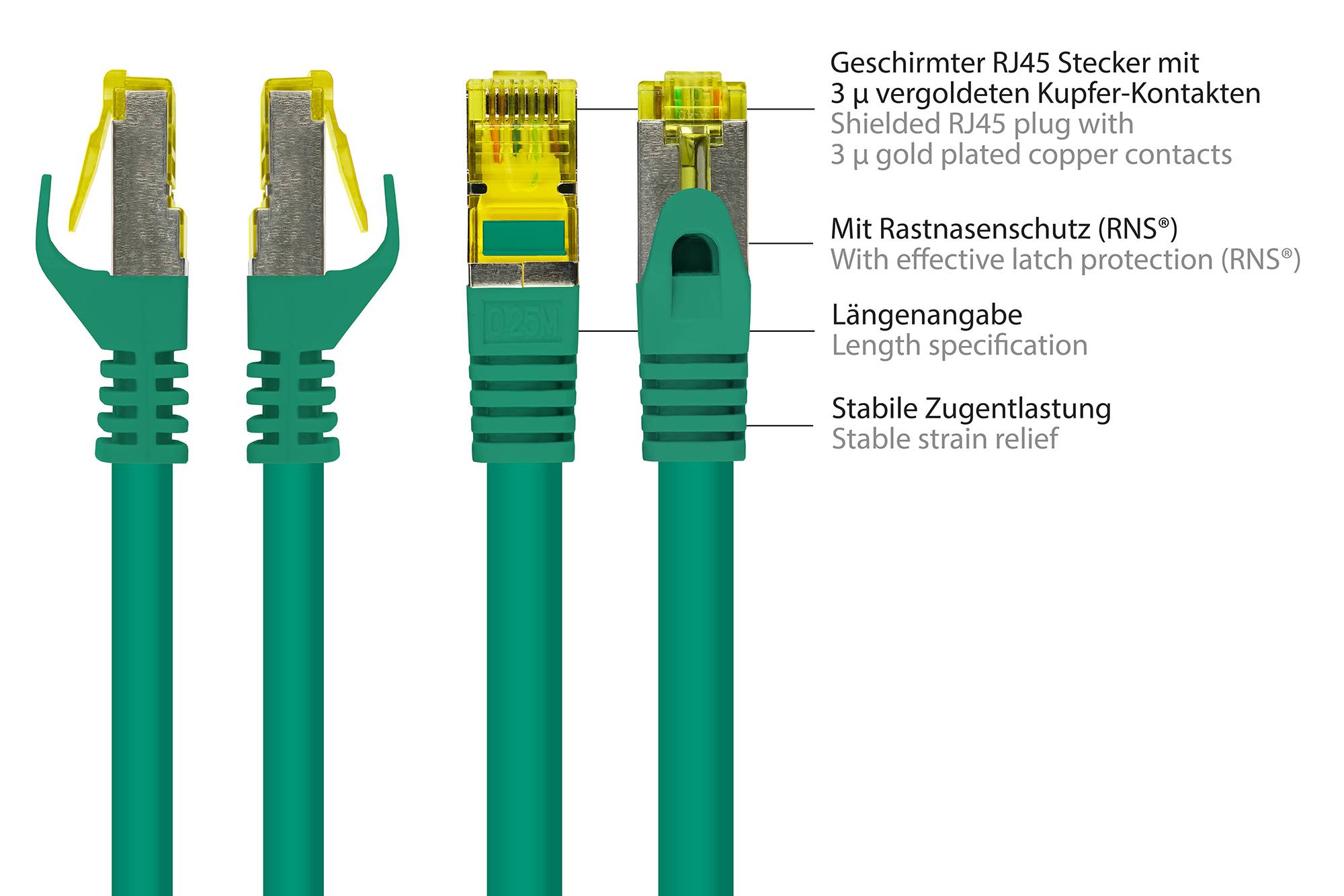 Kabelmeister® RJ45 Patchkabel mit Cat. 7 Rohkabel und Rastnasenschutz (RNS®), S/FTP, PiMF, halogenfrei, grün, 1m-1