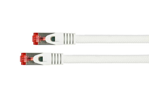 kabelmeister® RNS® Patchkabel mit Rastnasenschutz und Nylongeflecht, Cat. 6, S/FTP, PiMF, PVC, 250MHz, OFC, weiß, 0,5m