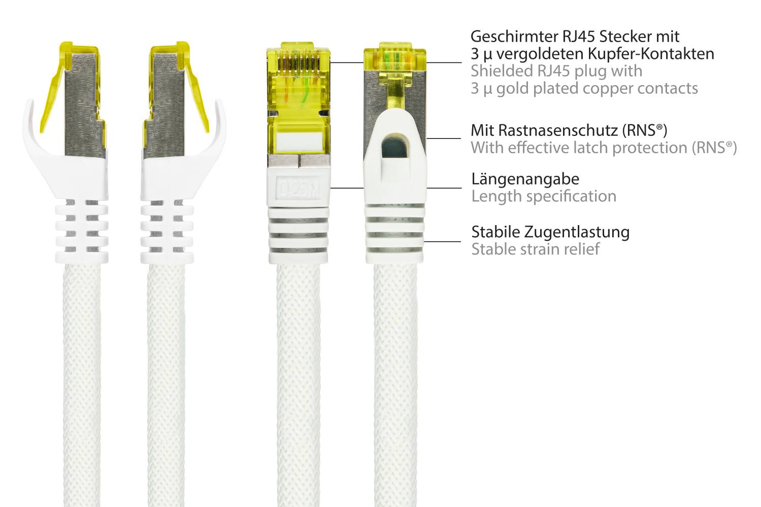 kabelmeister® RJ45 Patchkabel mit Cat. 7 Rohkabel, Nylongeflecht, S/FTP, PiMF, halogenfrei, 500MHz, OFC, weiß, 1,5m-2