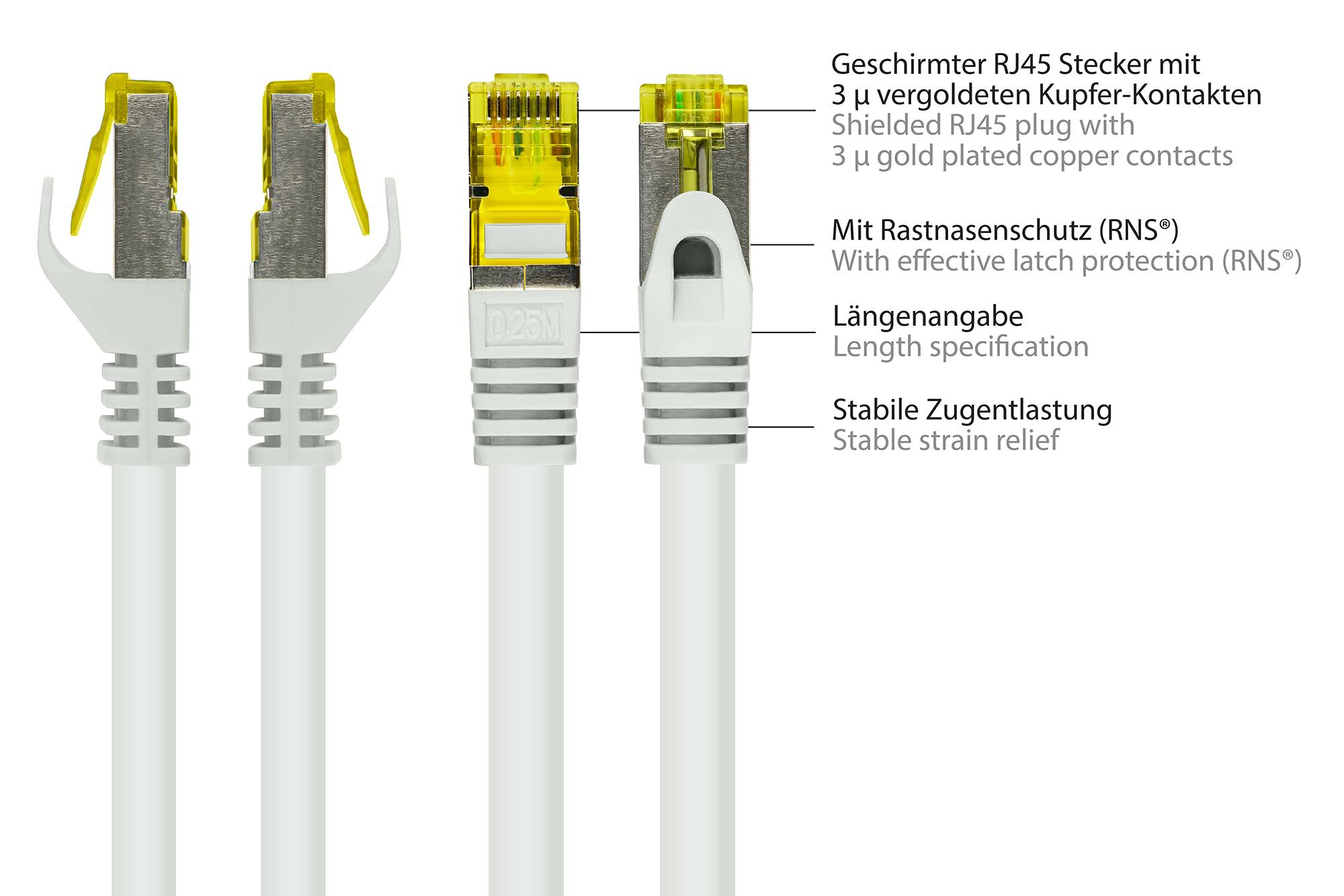 Good Connections® RJ45 Patchkabel mit Cat. 7 Rohkabel und Rastnasenschutz (RNS®), S/FTP, PiMF, 500MHz, weiß, 2m-1