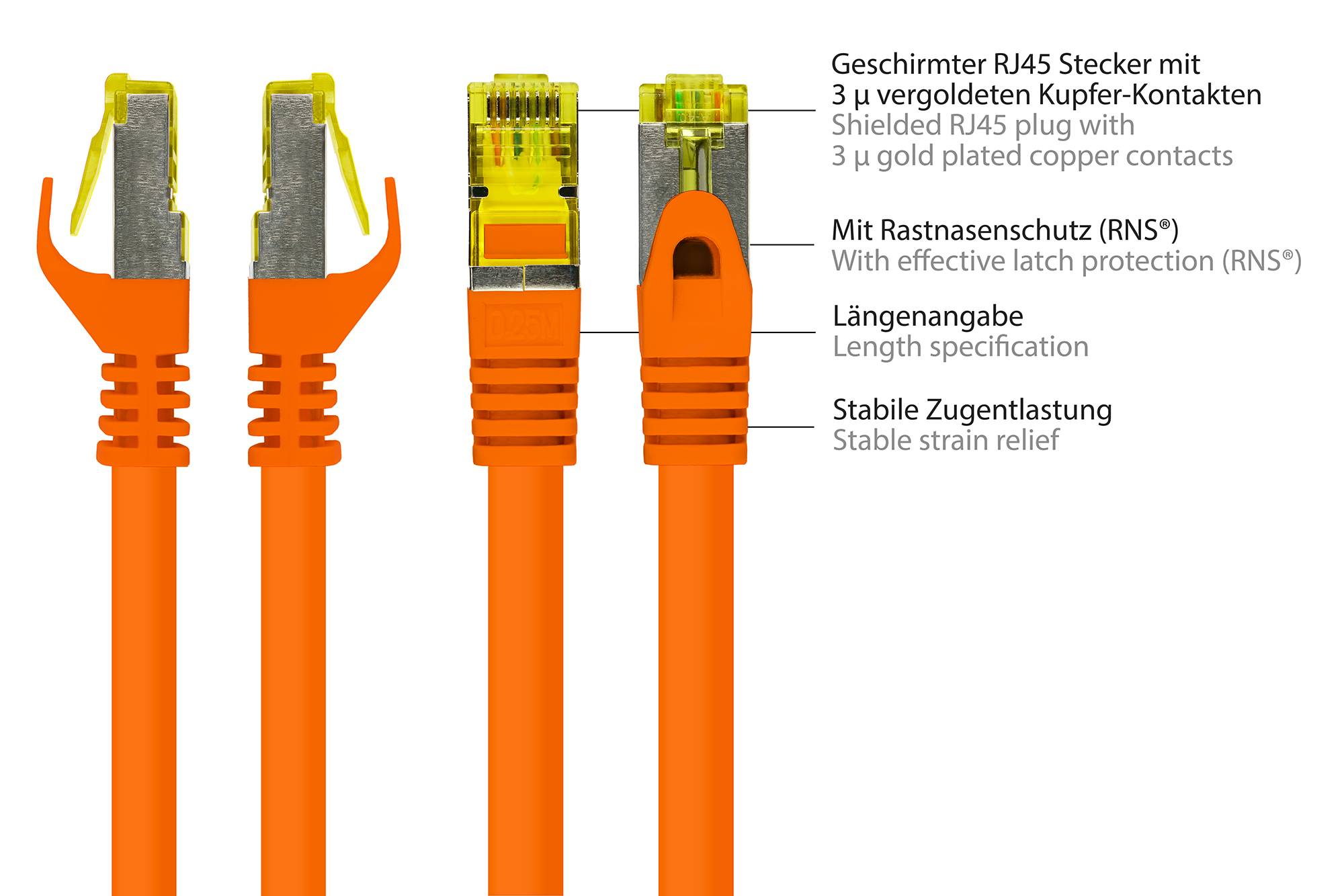 Good Connections® RJ45 Patchkabel mit Cat. 7 Rohkabel und Rastnasenschutz (RNS®), S/FTP, PiMF, 500MHz, orange, 2m-1