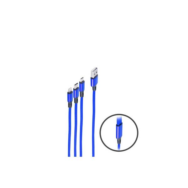 USB 3in1 Ladekabel A Stecker auf USB Micro B + USB Typ C + 8-pin Stecker, blau, 1,2m