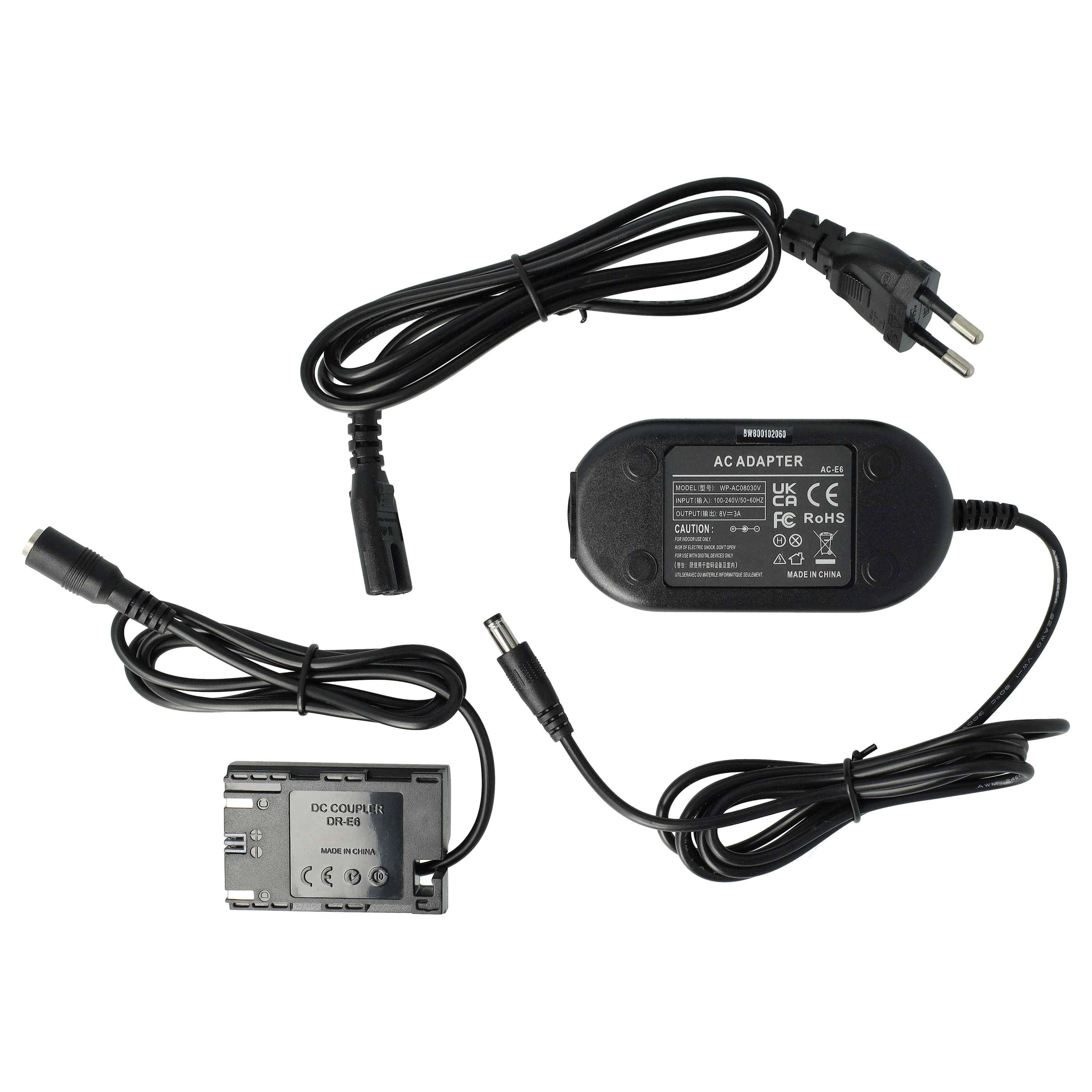 vhbw Netzteil Ersatz für Canon ACK-E6 für Kamera | Digitalkamera + DC Kuppler (Ersatz für DR-E6), 2m-0