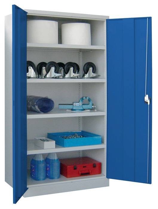 Schwerlastschrank, Vollblechtüren, ohne Trennwand, 4 Böden, 120 kg Traglast, BxTxH 1040x 630x1950 mm, RAL 7035/5010-1