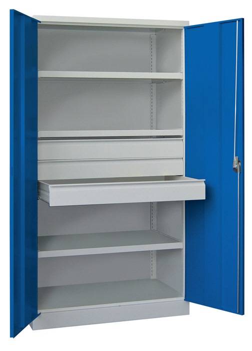 Schwerlastschrank, Vollblechtüren, ohne Trennwand, 3 Böden, 120 kg Traglast, 3 Schubl. 125 mm, BxTxH 1040x630x1950 mm,-1