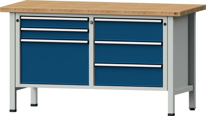 Werkbank V B1500xT700xH840mm Buche massiv lichtgrau/blau 6 Schubl.360mm li.ANKE-0
