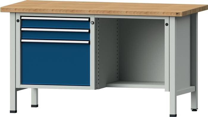 Werkbank V B1500xT700xH890mm Universalplatte grau/blau 3Schubl.BD zurückgesetzt-0