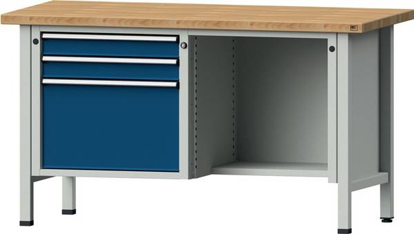 Werkbank V B1500xT700xH890mm Buche massiv grau/blau 3Schubl.BD zurückgesetzt