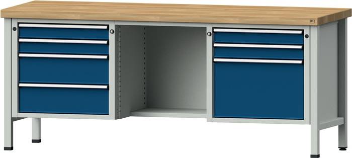 Werkbank V B2000xT700xH890mm Buche massiv grau/blau 7Schubl.BD zurückgesetzt-0