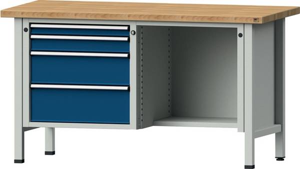 Werkbank V B1500xT700xH840mm Universalplatte grau/blau 4 Schubl.BD zurückgesetzt