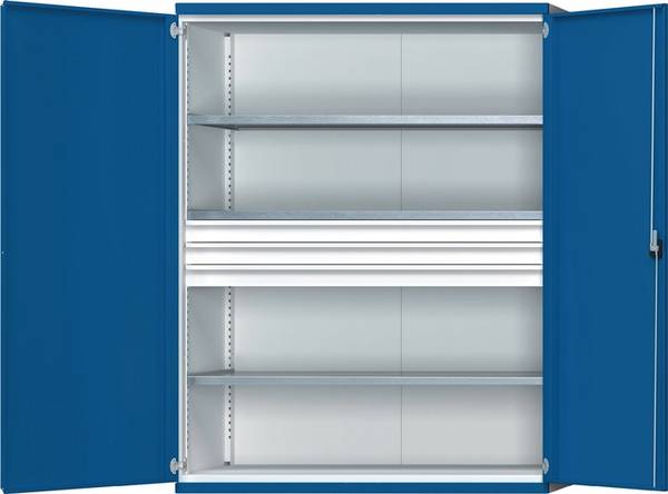 Schwerlastschrank H1950xB1485xT630mm lichtgrau/enzianblau 3 Fbd. 3 x 120mm
